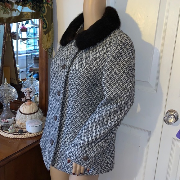 vtg 60s Wool jacket muskrat mink real fur collar short Coat M - Picture 9 of 14